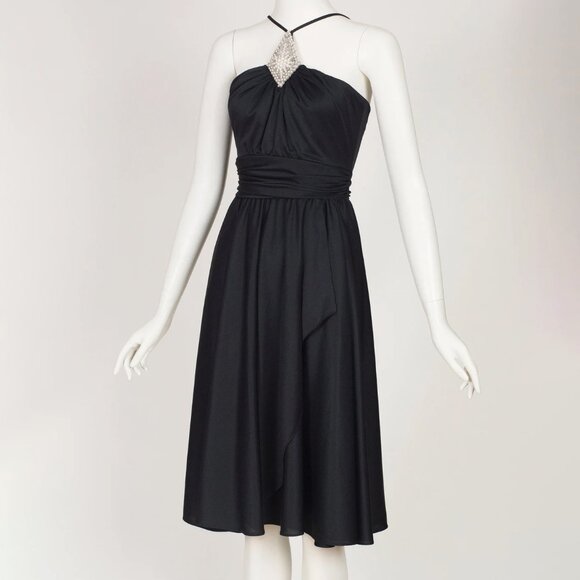 1970s Vintage Pearl Neckline Black Draped Jersey Evening Dress Sz XS - Picture 1 of 5